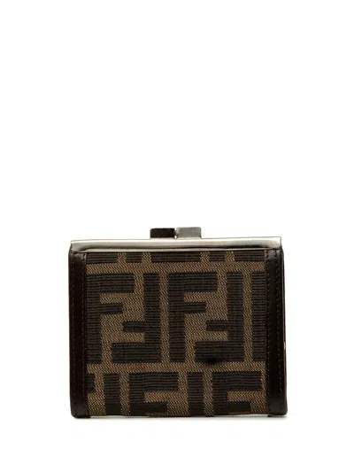 Pre-owned Fendi 2000-2010 Zucca Canvas Kiss Lock Wallet Small Wallets In Brown