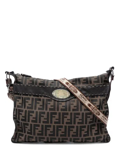 Pre-owned Fendi 2000-2010 Zucca Canvas Selleria Crossbody Bag In Brown