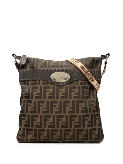 Pre-owned Fendi 2000-2010 Zucca Canvas Selleria Crossbody Bag In Brown