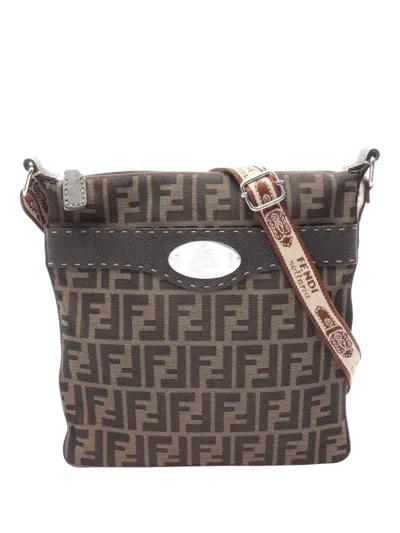 Pre-owned Fendi 2000-2010 Zucca Canvas Selleria Crossbody Bag In Brown