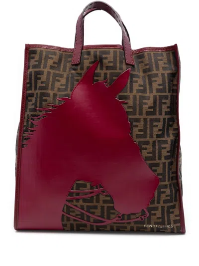 Pre-owned Fendi 2000-2010 Zucca Canvas Selleria Horse Shopping Tote Bag In Brown