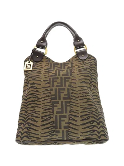 Pre-owned Fendi 2000-2010 Zucca Canvas Tiger Print Tote Bag In Brown