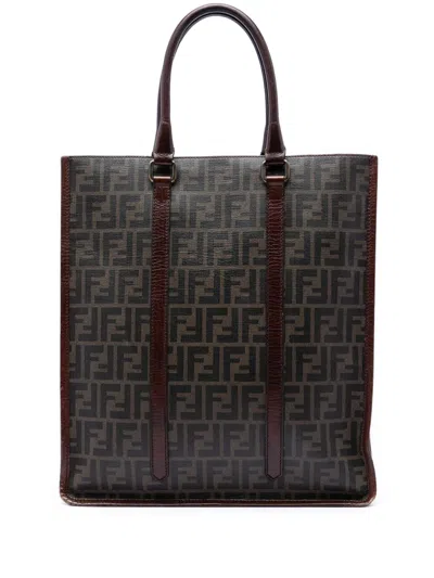 Pre-owned Fendi 2000-2010 Zucca Coated Canvas Vertical Tote Bag In Brown