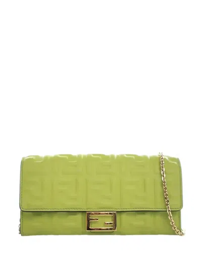 Pre-owned Fendi 2000-2010 Zucca Embossed Nappa Baguette Continental Wallet With Chain Crossbody Bag In Green
