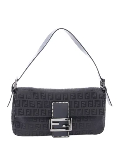 Pre-owned Fendi 2000-2010 Zucchino Canvas Baguette Shoulder Bag In Black