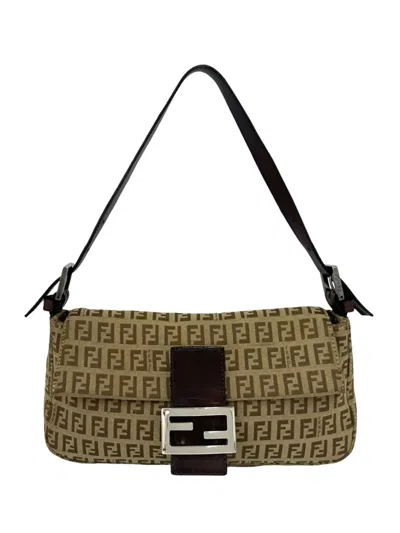 Pre-owned Fendi 2000-2010 Zucchino Canvas Baguette Shoulder Bag In Brown