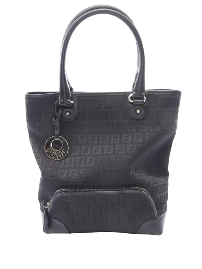 Pre-owned Fendi 2000-2010 Zucchino Canvas Chef Front Pocket Shopping Tote Bag In Black