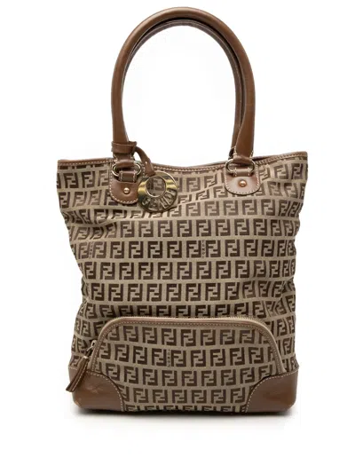 Pre-owned Fendi 2000-2010 Zucchino Canvas Chef Front Pocket Shopping Tote Bag In Brown