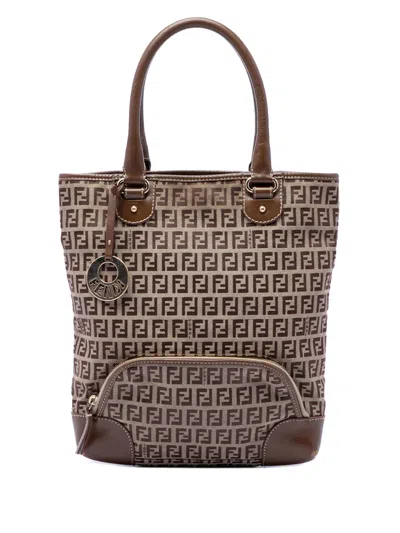 Pre-owned Fendi 2000-2010 Zucchino Canvas Chef Front Pocket Shopping Tote Bag In Neutrals