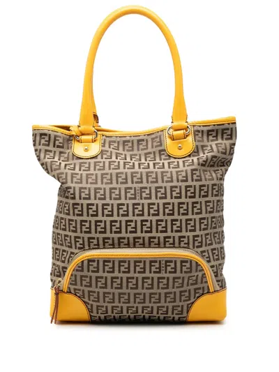Pre-owned Fendi 2000-2010 Zucchino Canvas Chef Front Pocket Shopping Tote Bag In Yellow