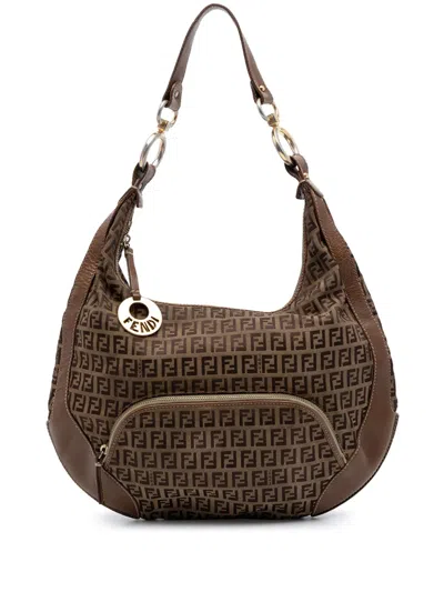 Pre-owned Fendi 2000-2010 Zucchino Canvas Chef Pocket Hobo Bag In Brown