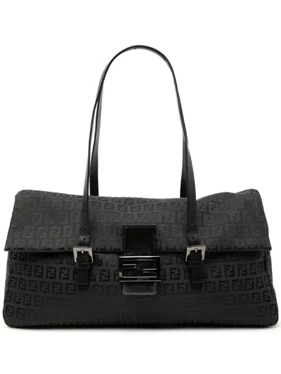 Pre-owned Fendi 2000-2010 Zucchino Canvas East West Shoulder Bag In Black