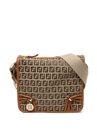 Pre-owned Fendi 2000-2010 Zucchino Canvas F Charm Crossbody Bag In Neutral