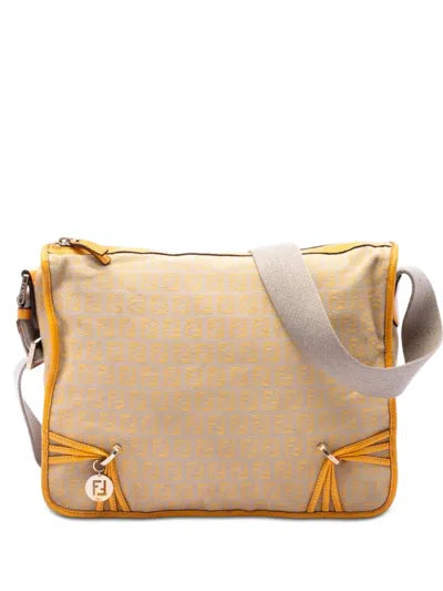 Pre-owned Fendi 2000-2010 Zucchino Canvas F Charm Crossbody Bag In Neutral