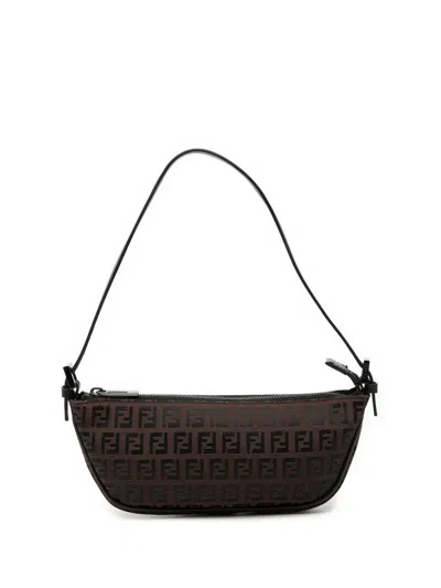 Pre-owned Fendi 2000-2010 Zucchino Canvas Half Moon Pochette Shoulder Bag In Brown