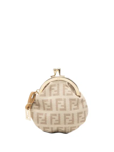Pre-owned Fendi 2000-2010 Zucchino Canvas Kiss Lock Purse Coin Pouch In Neutral
