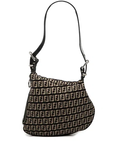 Pre-owned Fendi 2000-2010 Zucchino Canvas Oyster Shoulder Bag In Black