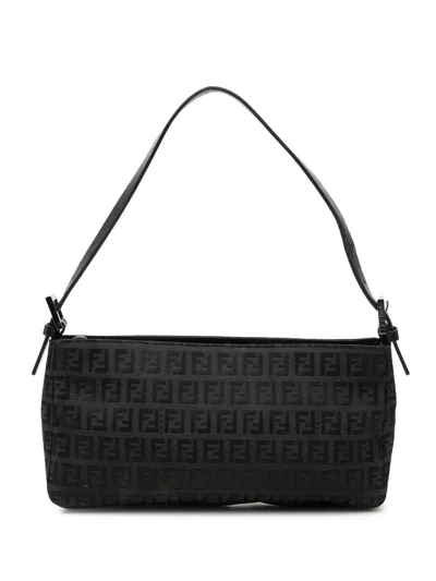 Pre-owned Fendi 2000-2010 Zucchino Canvas Pochette Shoulder Bag In Black