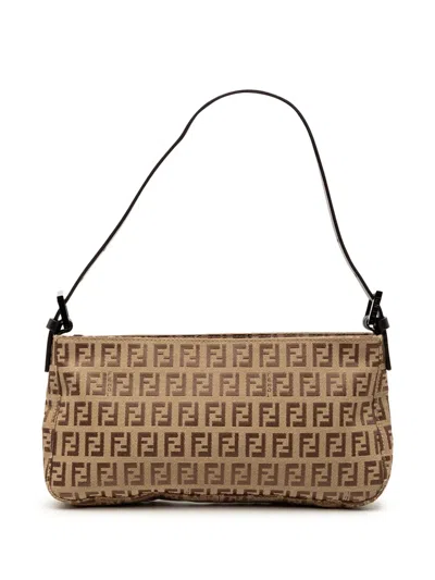 Pre-owned Fendi 2000-2010 Zucchino Canvas Pochette Shoulder Bag In Brown
