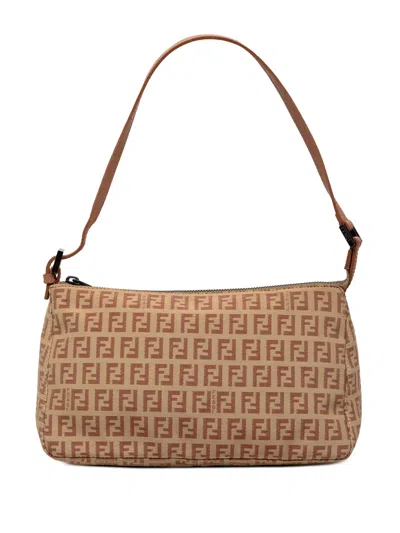 Pre-owned Fendi 2000-2010 Zucchino Canvas Pochette Shoulder Bag In Neutral