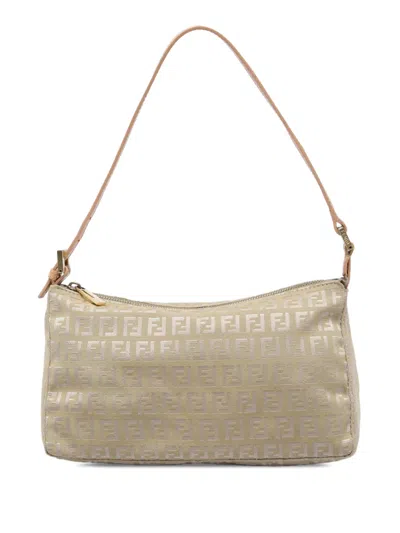 Pre-owned Fendi 2000-2010 Zucchino Canvas Pochette Shoulder Bag In Neutrals
