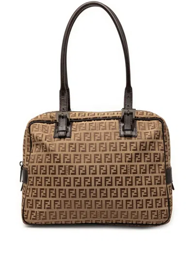 Pre-owned Fendi 2000-2010 Zucchino Canvas Shoulder Bag In Neutral
