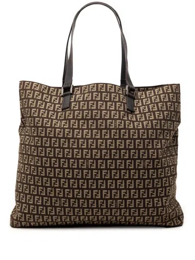 Pre-owned Fendi 2000-2010 Zucchino Canvas Tote Bag In Brown