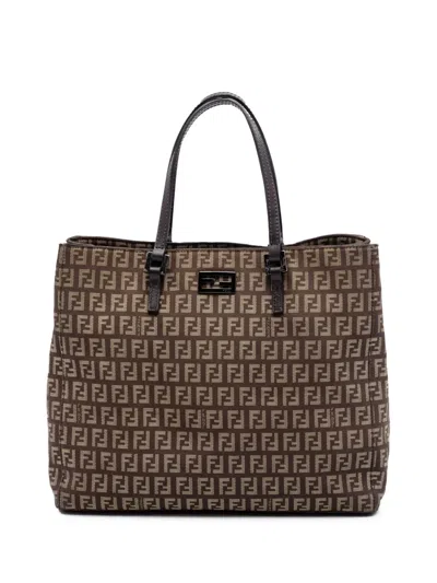Pre-owned Fendi 2000-2010 Zucchino Canvas Tote Bag In Brown