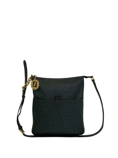 Pre-owned Fendi 2000-2010 Zucchino Coated Canvas Charm Zip Crossbody Bag In Black