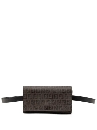 Pre-owned Fendi 2000-2010 Zucchino Coated Canvas Flap Belt Bag In Brown