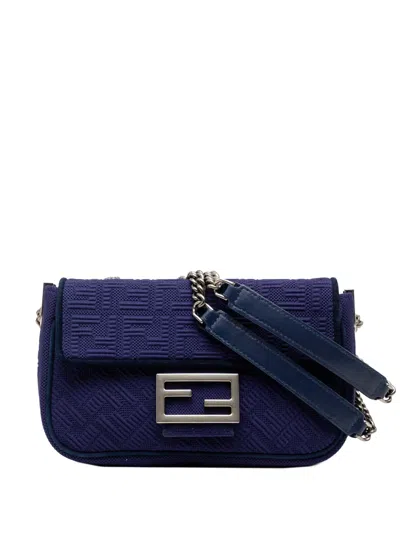 Pre-owned Fendi 2000-2025 Zucca Embossed Technical Fabric Chain Midi Baguette Shoulder Bag In Blue