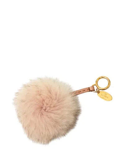 Pre-owned Fendi 2000-2026 Fox Fur Pompom Selleria Bag Charm Key Chain In Pink