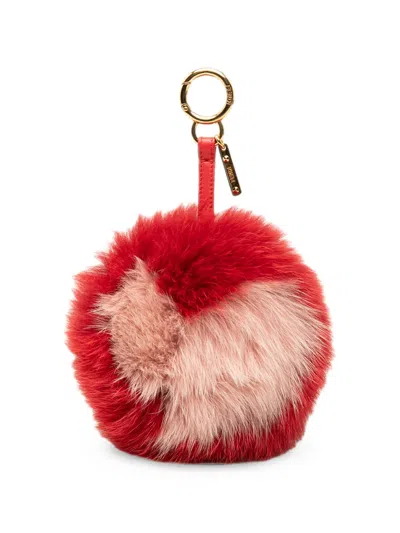 Pre-owned Fendi 2000-2026 Nappa Shiny Fox Fur Heart Pom Pom Bag Charm Key Chain In Red
