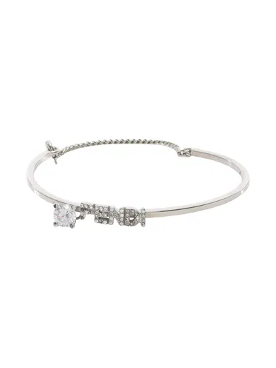 Pre-owned Fendi 2000s Rhinestone-logo Bracelet In Silver