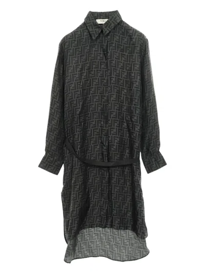 Pre-owned Fendi 2000s Zucca Shirt Midi Dress In Gray