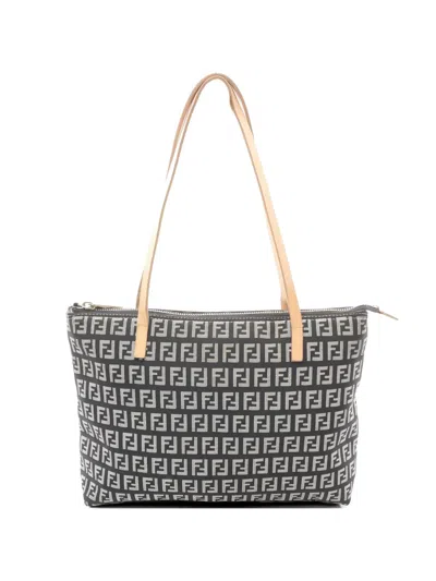 Pre-owned Fendi 2000s Zucchino Canvas Leather Tote Bag In Black