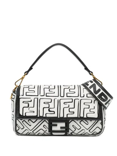 Pre-owned Fendi 2010-2023 Joshua Vides California Sky Medium Embossed Baguette Satchel In White