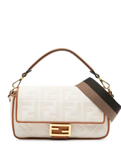 Pre-owned Fendi 2010-2023 Medium Embroidered Canvas Baguette Satchel In White