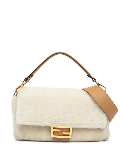 Pre-owned Fendi 2010-2023 Small Zucca Shearling Baguette Satchel In Brown