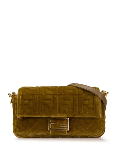 Pre-owned Fendi 2010-2023 Zucca Embossed Velvet Baguette Satchel In Green