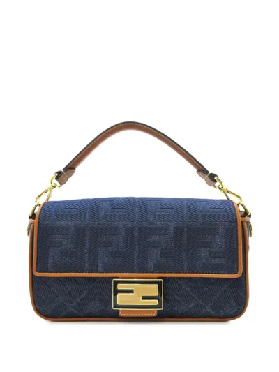 Pre-owned Fendi 2010-2023 Zucca Embroidered Denim Baguette Satchel In Blue
