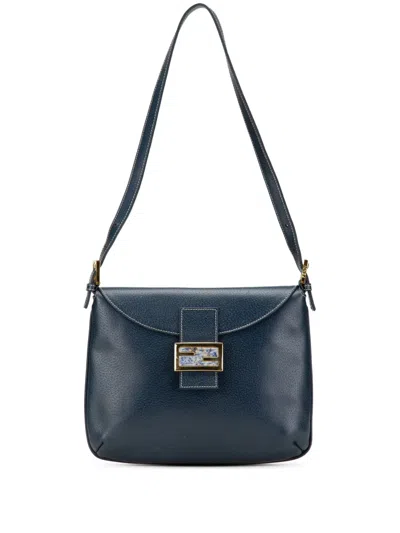 Pre-owned Fendi 2010-2024 Calfskin Ff Marble Flap Shoulder Bag In Blue