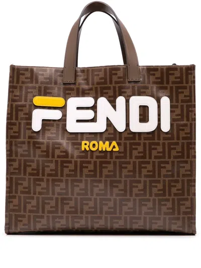 Pre-owned Fendi 2010-2024 Fila Zucca Coated Canvas Logo Mania Shopper Tote Satchel In Brown