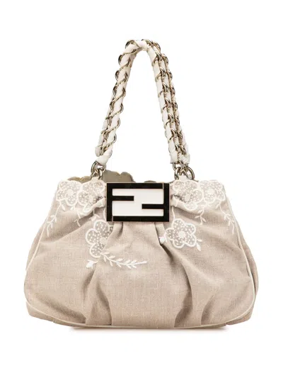 Pre-owned Fendi 2010-2024 Floral Embroidered Canvas Mia Chain Tote Shoulder Bag