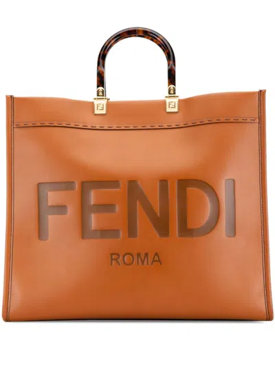 Pre-owned Fendi 2010-2024 Large Leather Sunshine Shopper Tote Bag In Brown