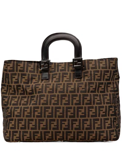 Pre-owned Fendi 2010-2024 Large Zucca Canvas Twins Tote Bag In Brown