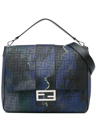 Pre-owned Fendi 2010-2024 Large Zucca Perforated Leather Baguette Satchel In Blue