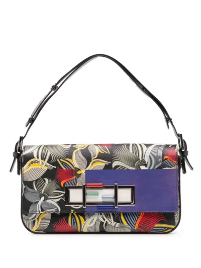 Pre-owned Fendi 2010-2024 Leather Orchid Print 3baguette Shoulder Bag In Black