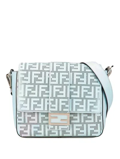Pre-owned Fendi 2010-2024 Medium Zucca Perforated Leather Baguette Messenger Bag Crossbody Bag In Blue