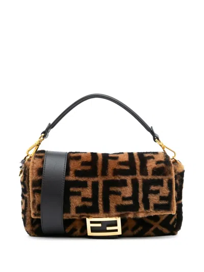 Pre-owned Fendi 2010-2024 Medium Zucca Shearling Baguette Satchel